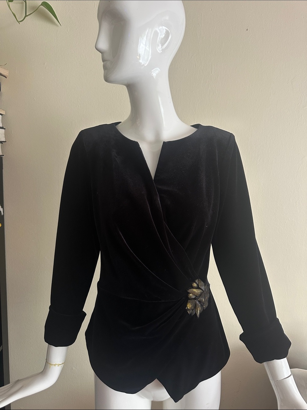 Tadashi Shoji Black Velvet Drape Wrap Top with Jewel Accent